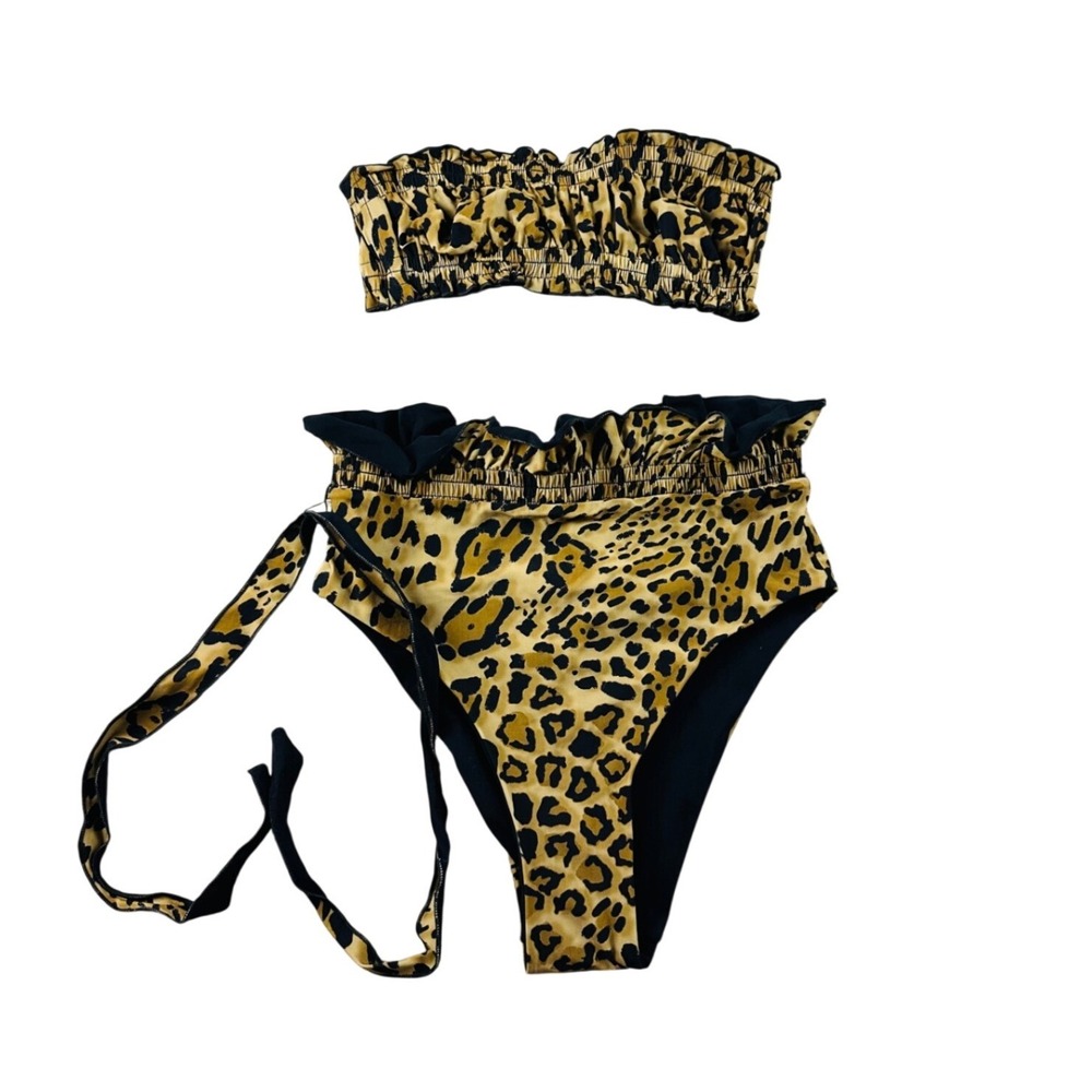 Leopard Print High-Waist Bandeau Bikini Set - Yellow/Black
